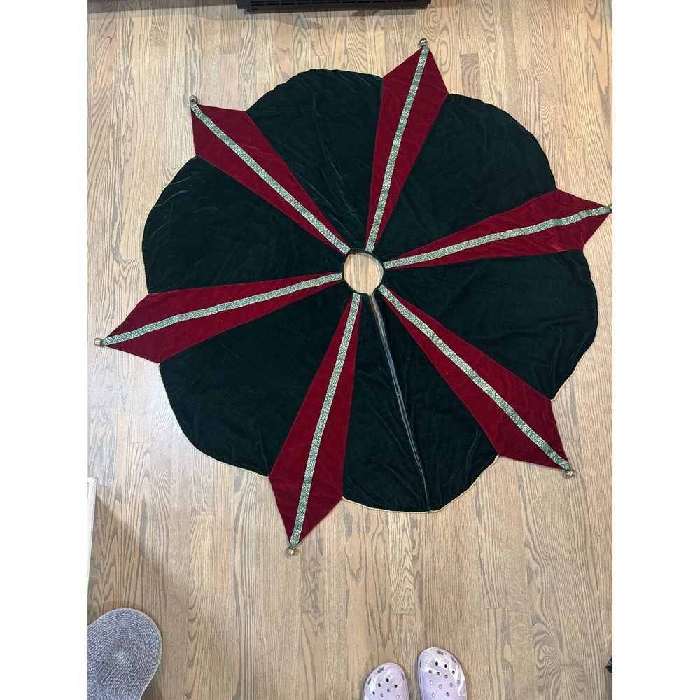 TREE SKIRT CHRISTMAS VINTAGE Paisley Stripe RED GREEN VELVET With Bells Star